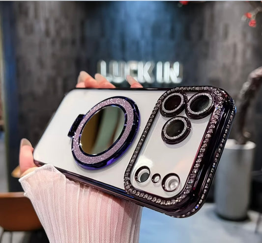 Burgundy Diamond Mirror Holder Case - Rhinestone Camera Border (NEW)