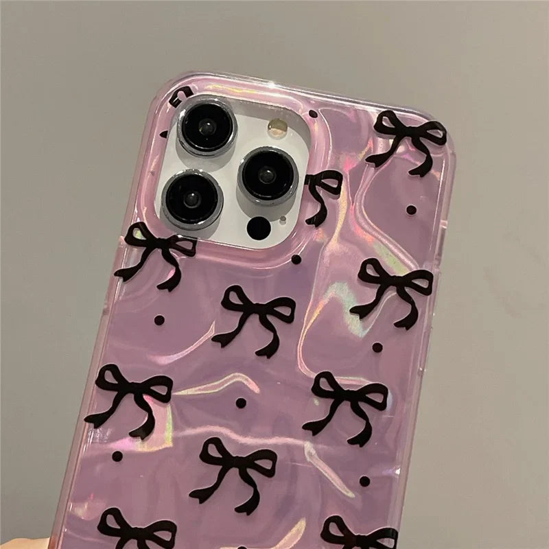 Pink IMD Black Ribbon Bow Tie  Case With Chain