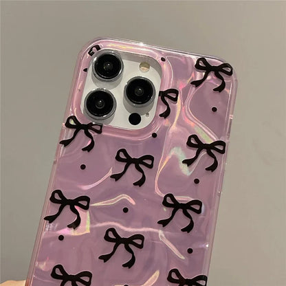 Pink IMD Black Ribbon Bow Tie  Case With Chain