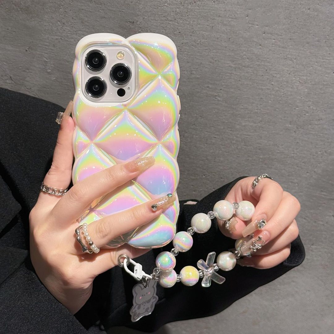 Luxury Electroplated Colorful Holographic TPU case with High Quality Bear Chain (NEW)
