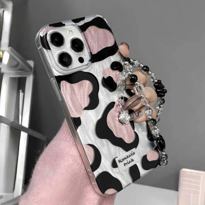 Glossy Cow Print Case With Chain