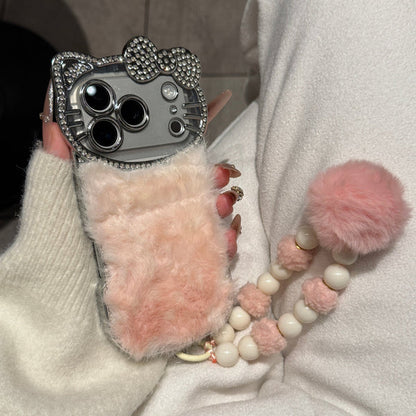 Luxury Cat Fur Case With Crystal Camera Frame & Pom-Pom Wristlet (NEW)